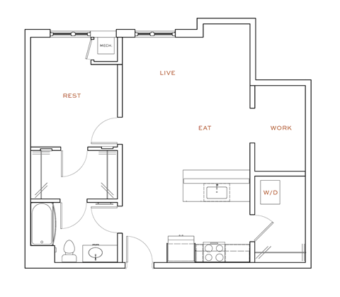 A floor plan of a house with labeled rooms such as "LIVE", "EAT", "WORK", and "REST".